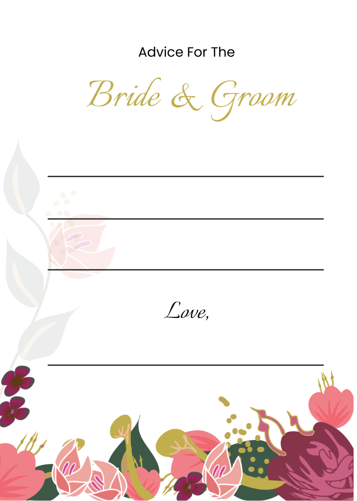 Pink Floral Wedding Advice Card Template
