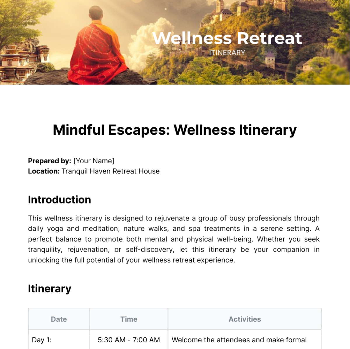 Wellness Retreat Itinerary Template