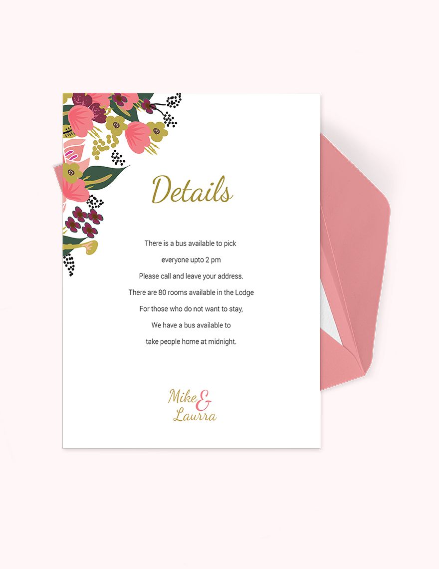Pink Floral Wedding Details Card Template