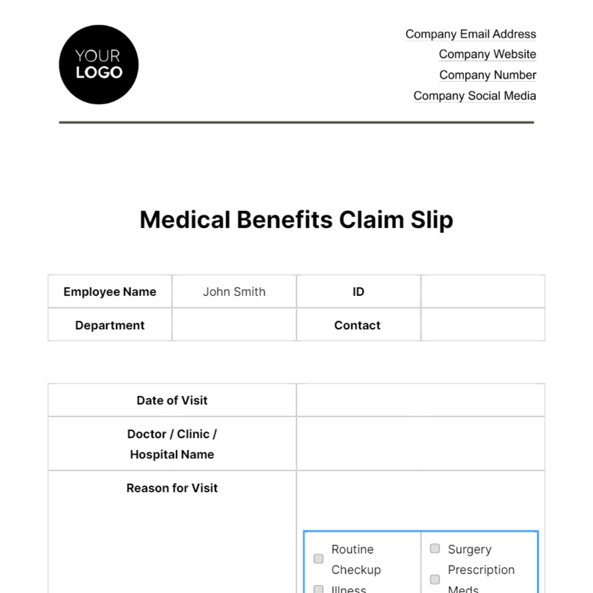 Medical Benefits Claim Slip HR Template