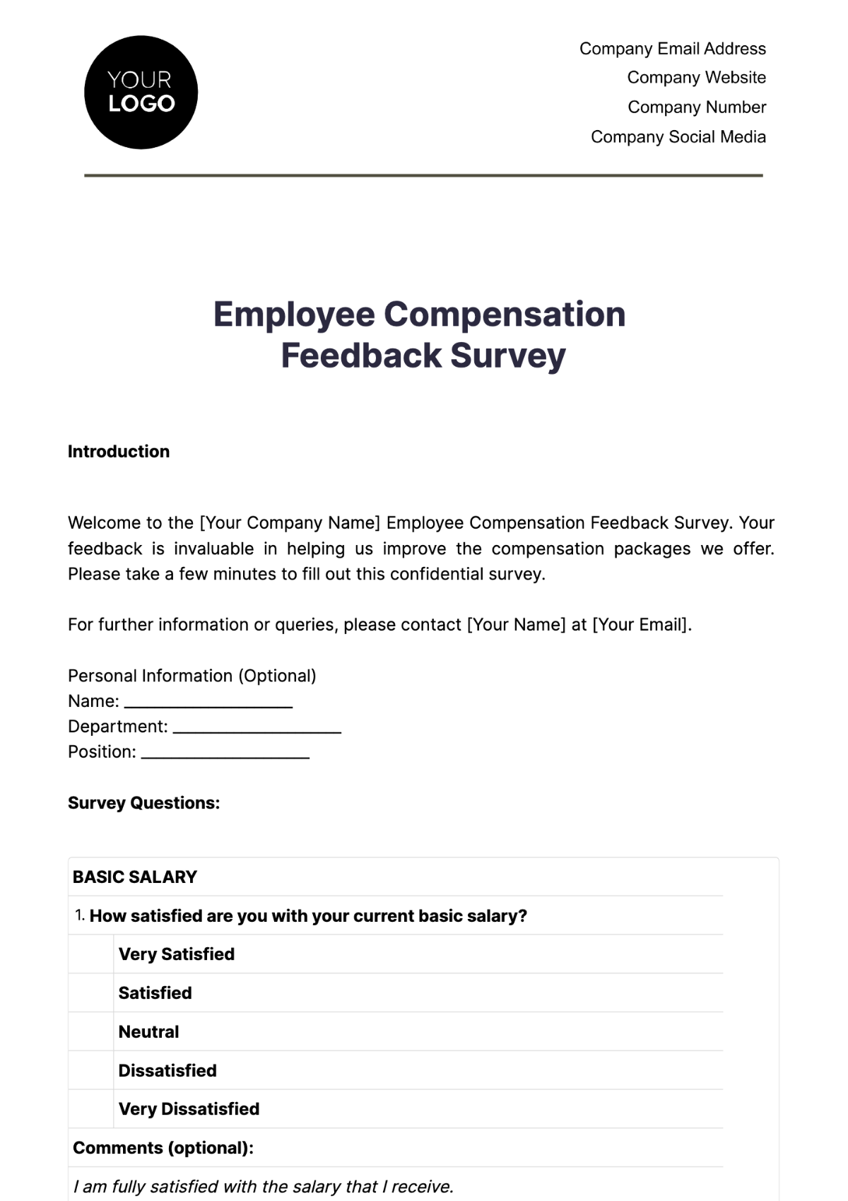 Employee Compensation Feedback Survey HR Template - Edit Online & Download