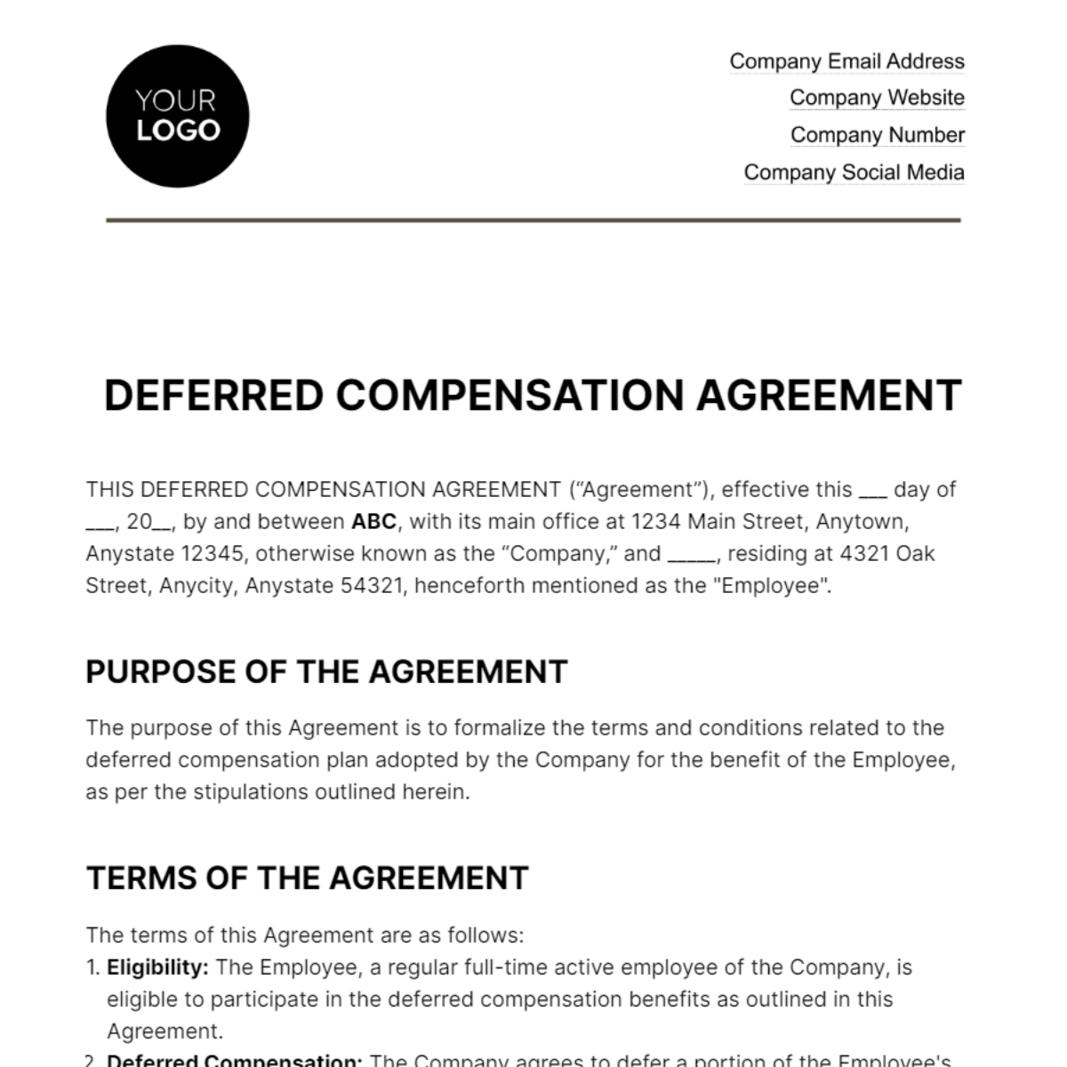 Deferred Compensation Agreement HR Template