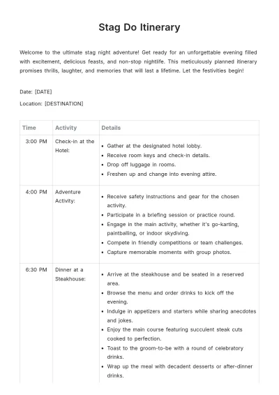 Free Stag Do Itinerary Template to Edit Online