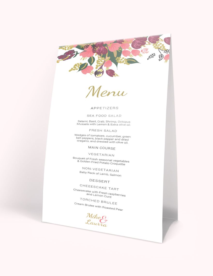 Pink Floral Wedding Menu Card Template