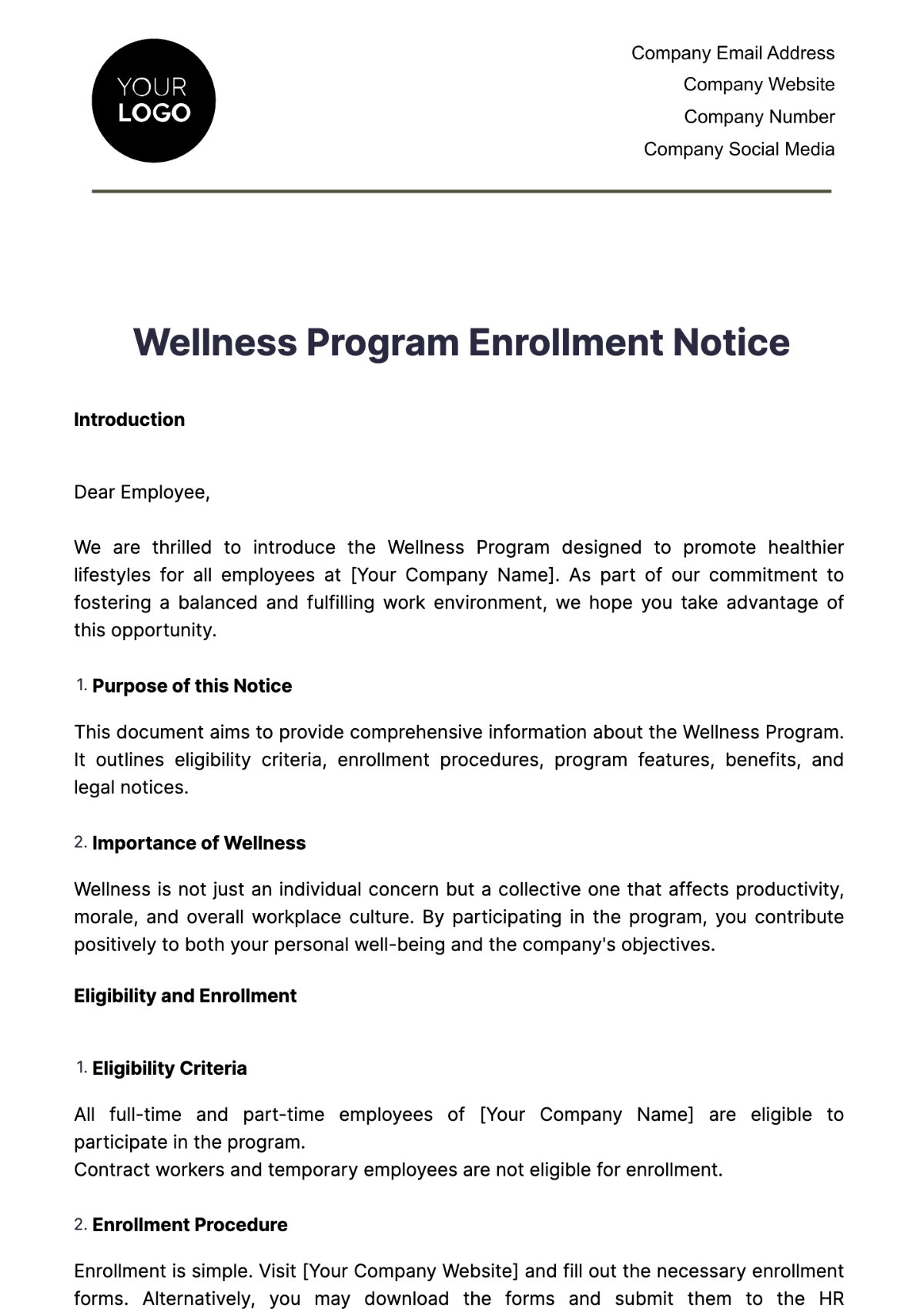 Wellness Program Enrollment Notice HR Template - Edit Online & Download