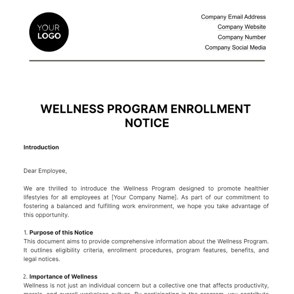 Free Wellness Program Enrollment Notice HR Template