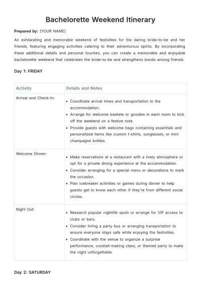 Free Bachelorette Weekend Itinerary Template to Edit Online
