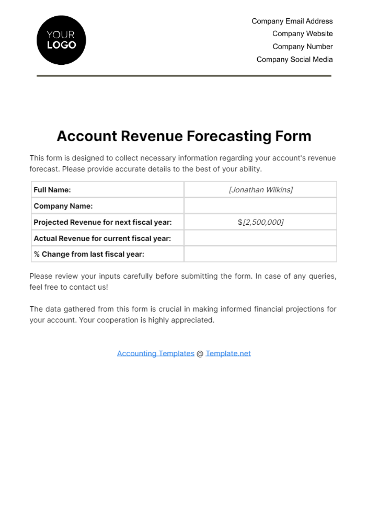 Free Account Revenue Forecasting Form Template