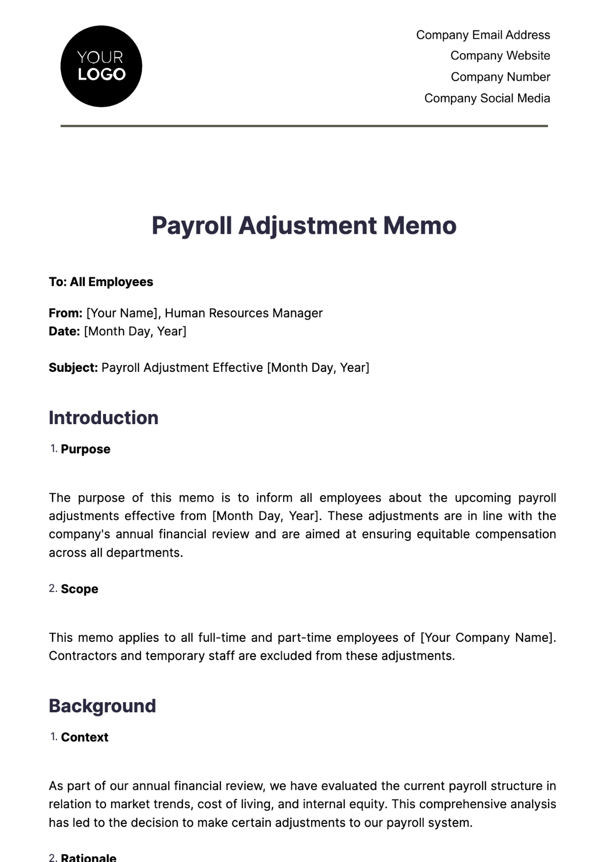 Payroll Adjustment Memo HR Template - Edit Online & Download