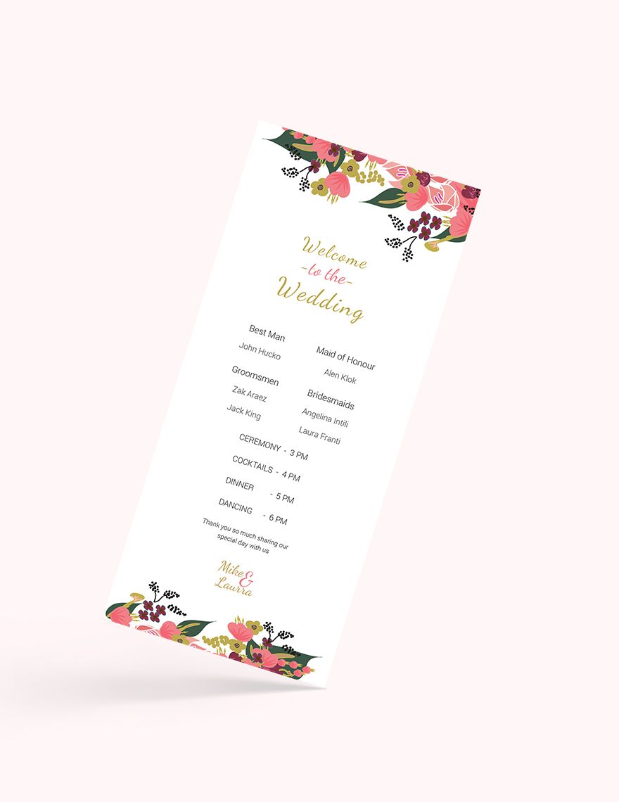 Pink Floral Wedding Program Card Template
