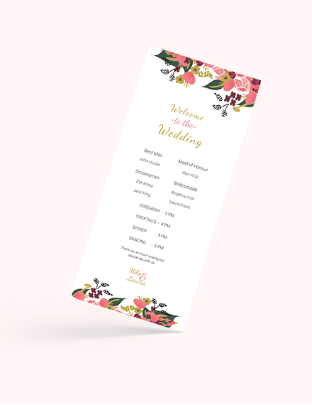 Free Pink Floral Wedding Program Card Template to Edit Online