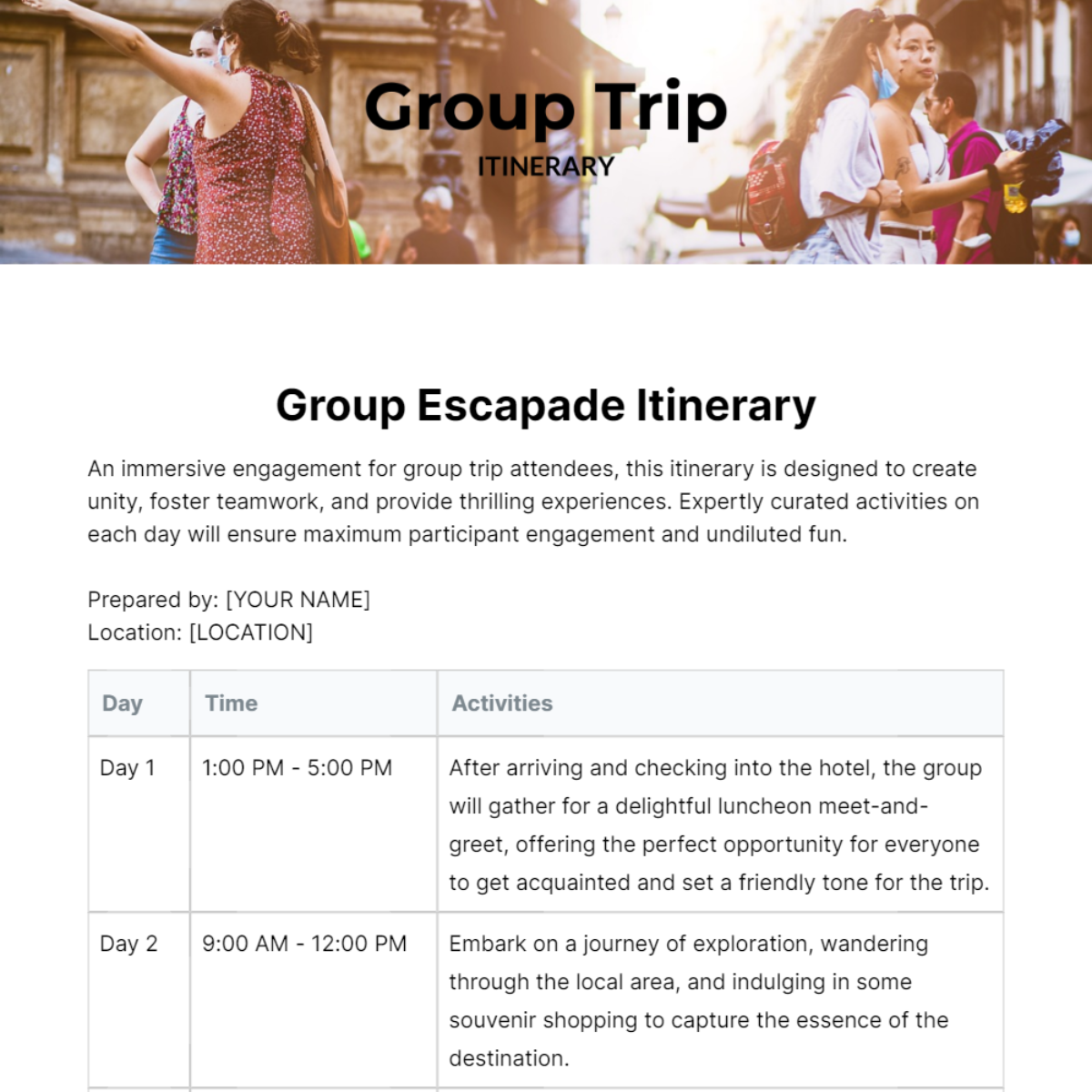 Group Trip Itinerary Template