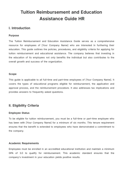 Free Tuition Reimbursement and Education Assistance Guide HR Template to Edit Online