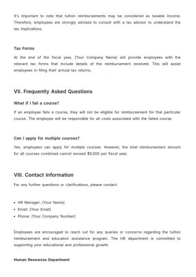 Free Tuition Reimbursement and Education Assistance Guide HR Template to Edit Online