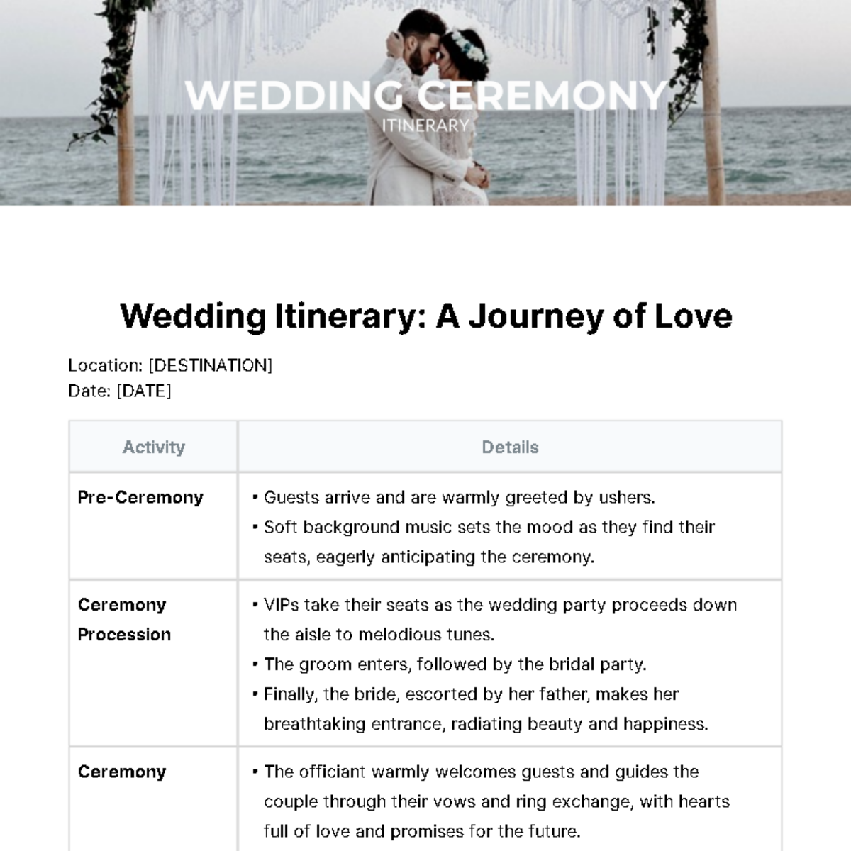 Wedding Ceremony Itinerary Template