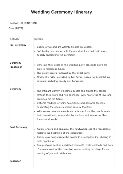 Free Wedding Ceremony Itinerary Template to Edit Online