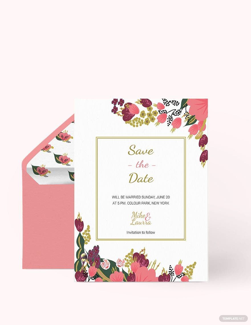 Pink Floral Wedding Save The Date Card Template