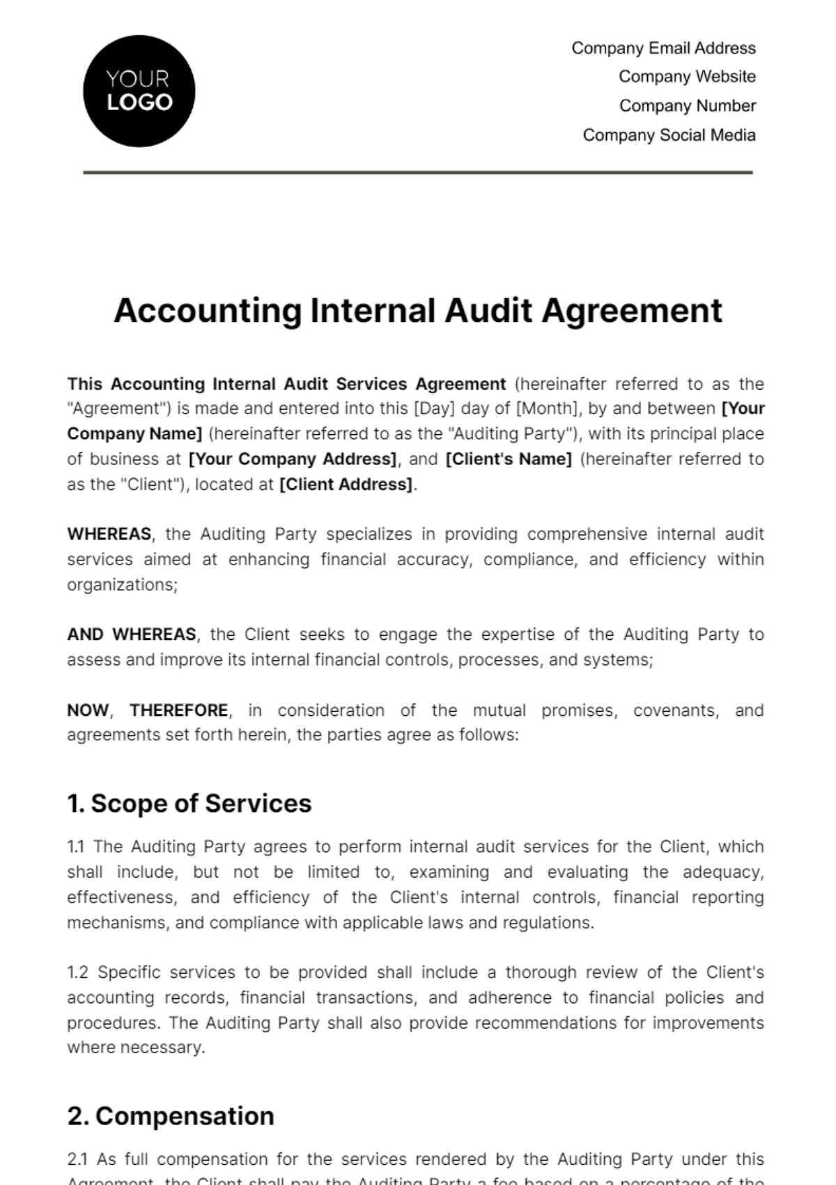 Accounting Internal Audit Agreement Template
