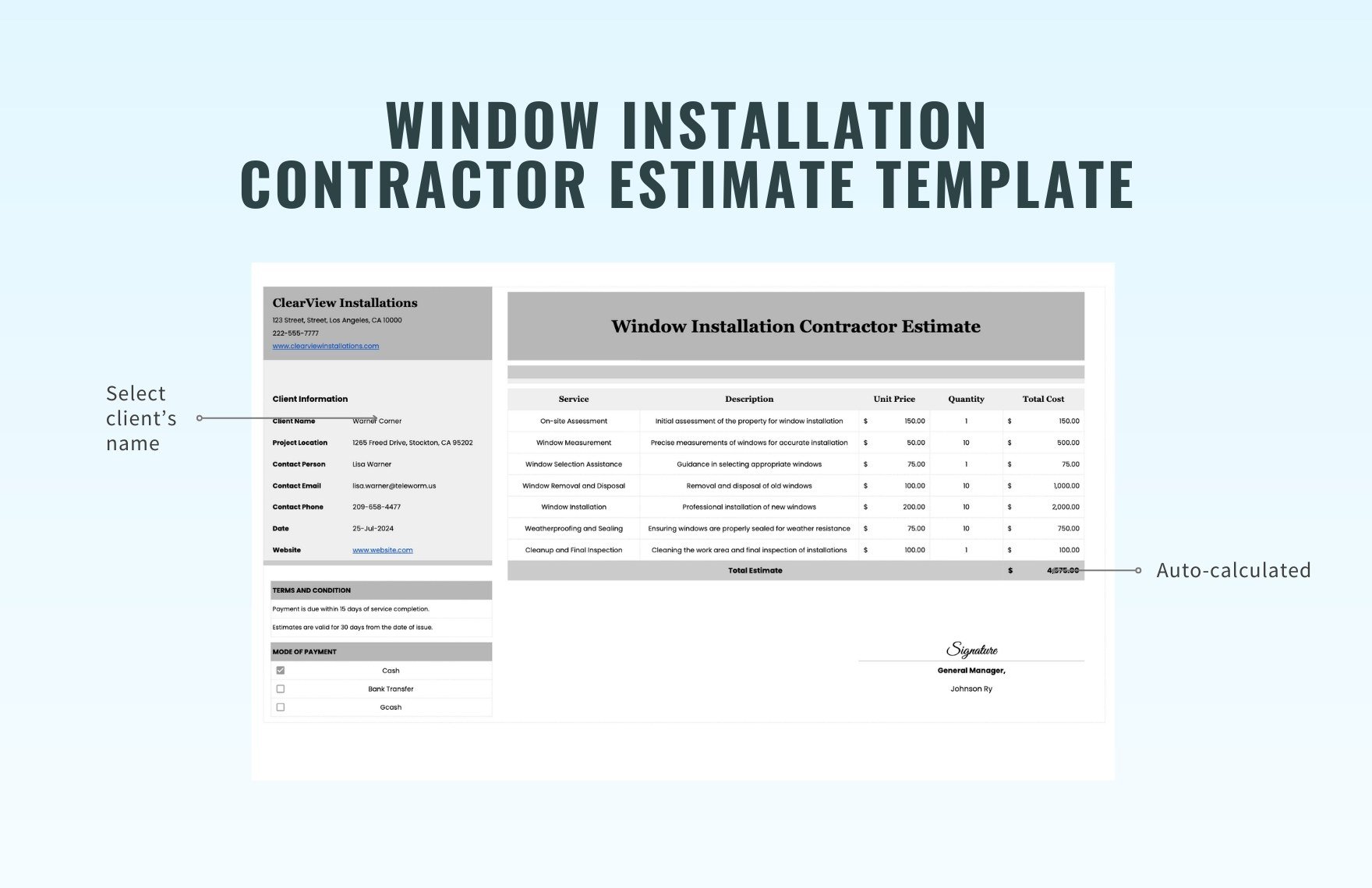 Window Installation Contractor Estimate Template