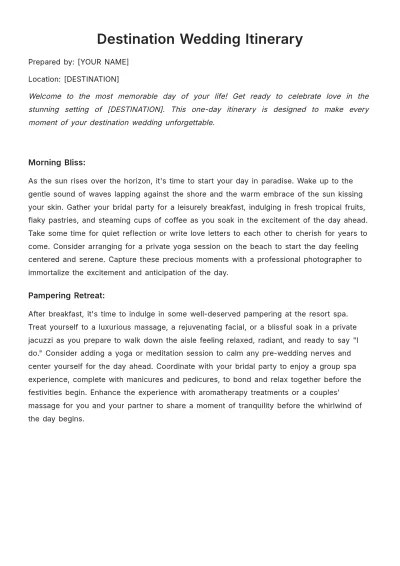 Free Destination Wedding Itinerary Template to Edit Online