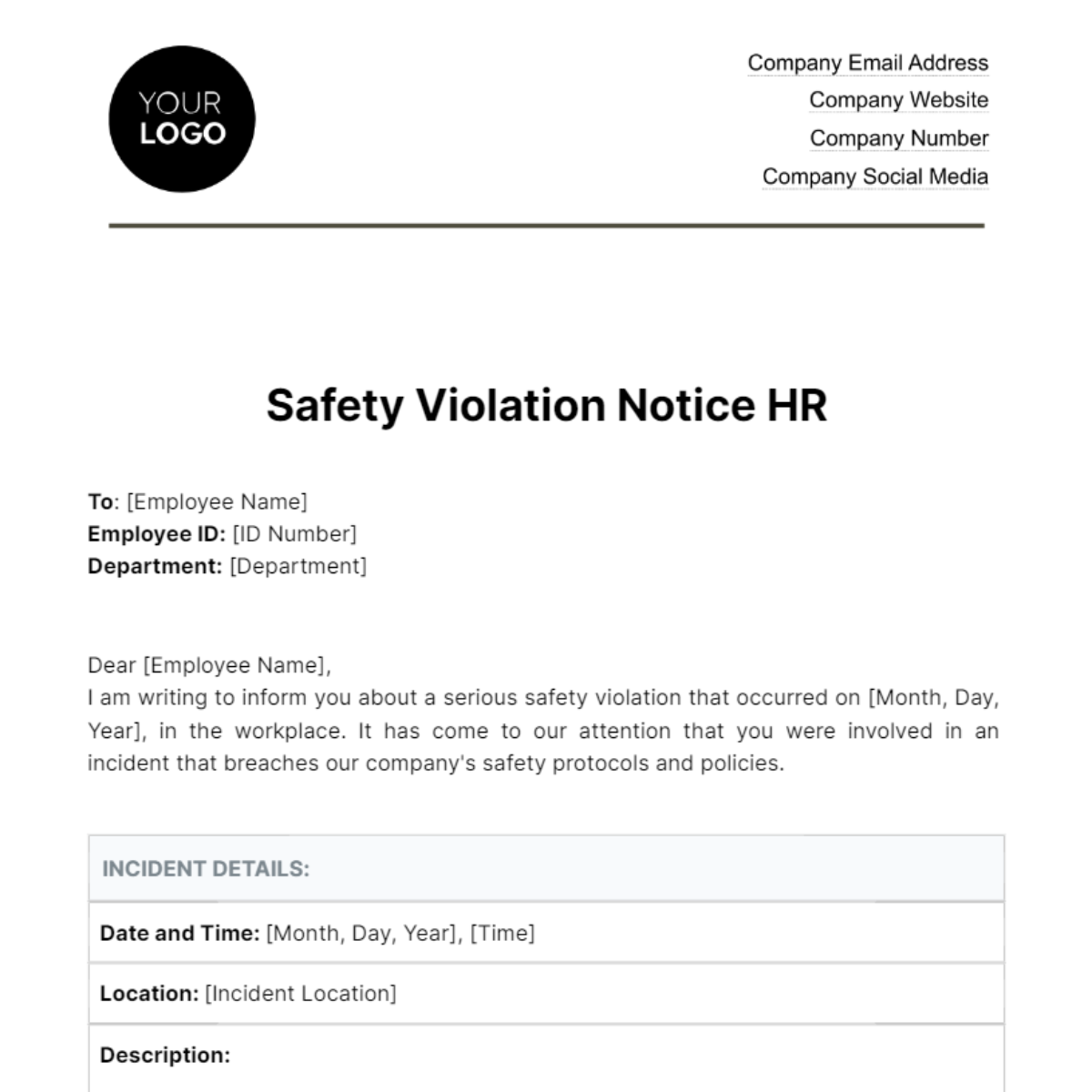 Safety Violation Notice HR Template - Edit Online & Download Example ...