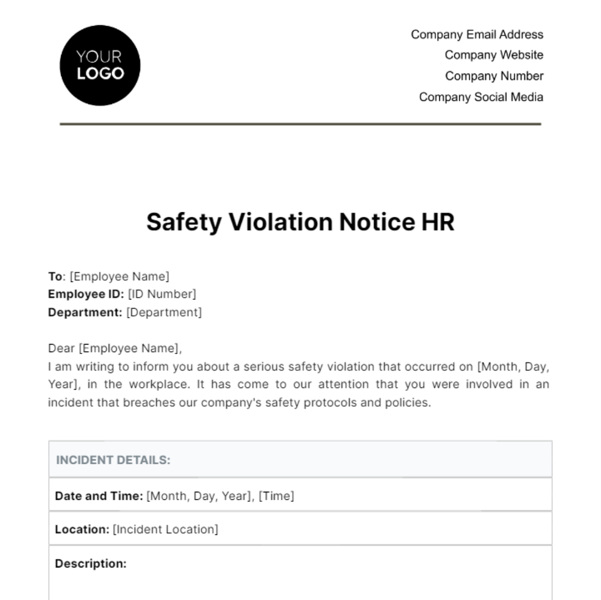 Safety Violation Notice HR Template