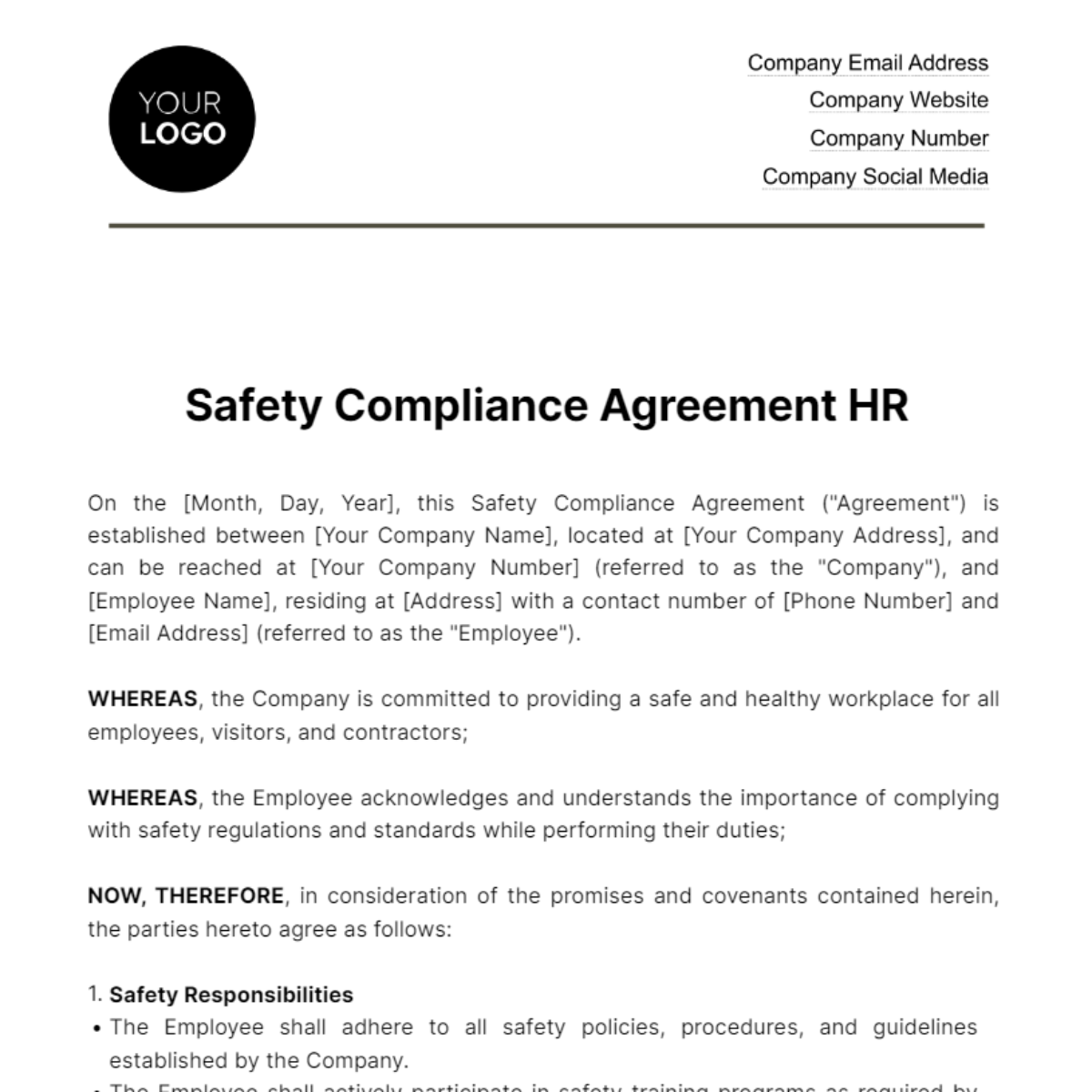 Safety Compliance Agreement HR Template