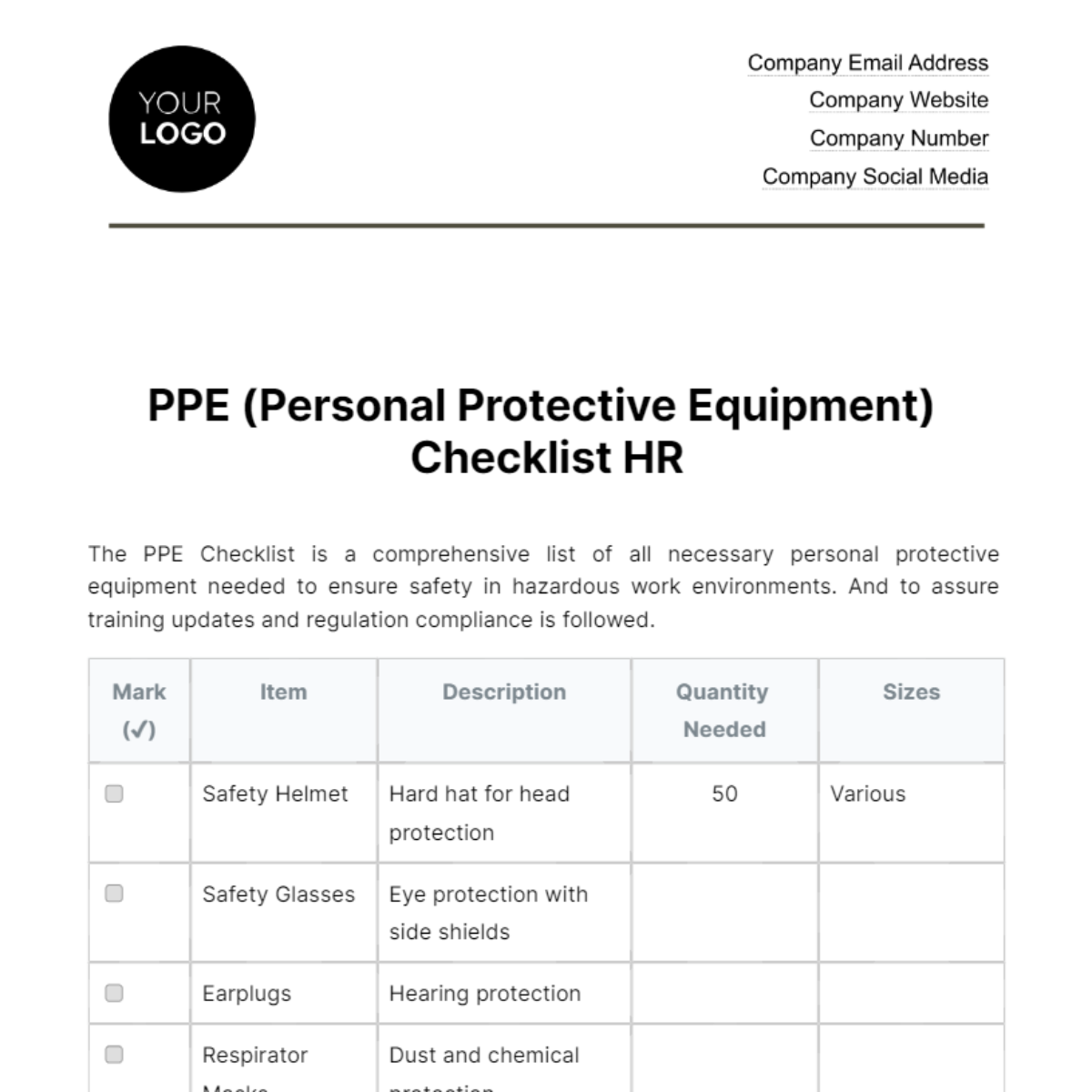 PPE (Personal Protective Equipment) Checklist HR Template