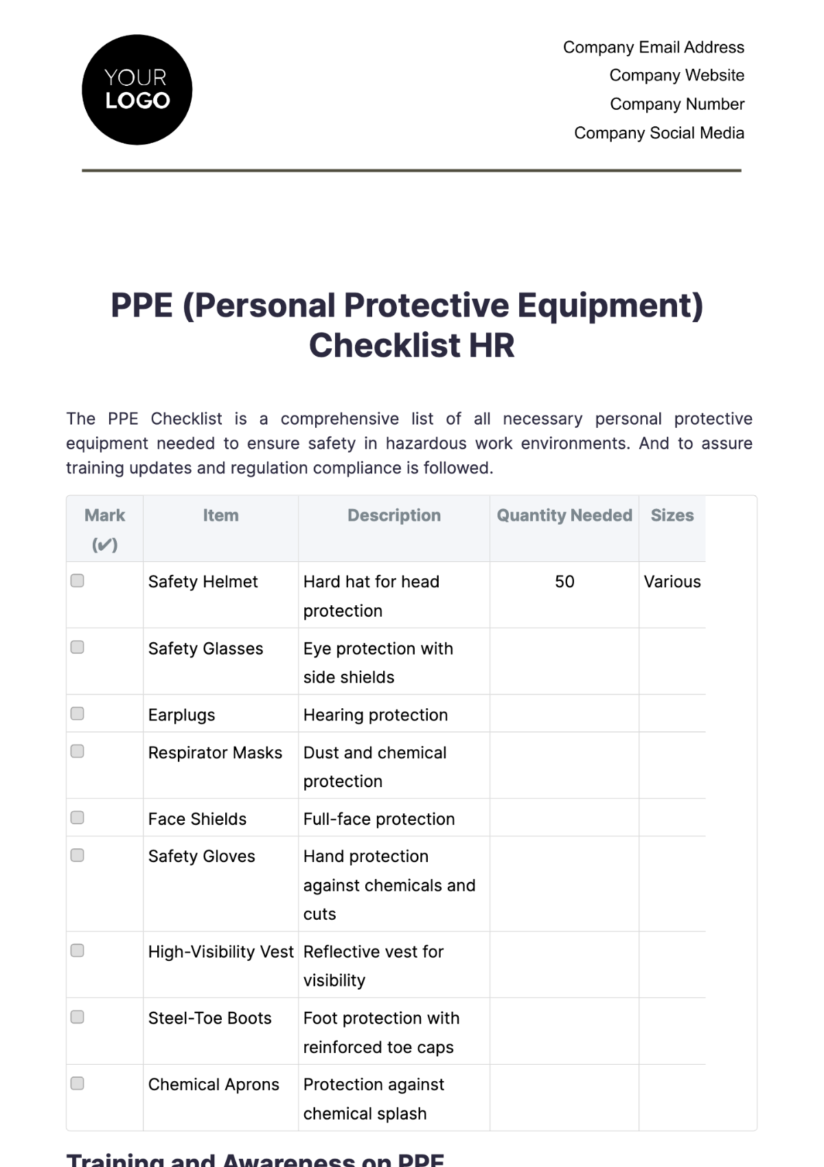 PPE (Personal Protective Equipment) Checklist HR Template - Edit Online & Download