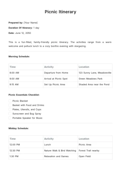 Free Picnic Itinerary Template to Edit Online