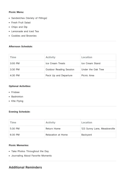 Free Picnic Itinerary Template to Edit Online