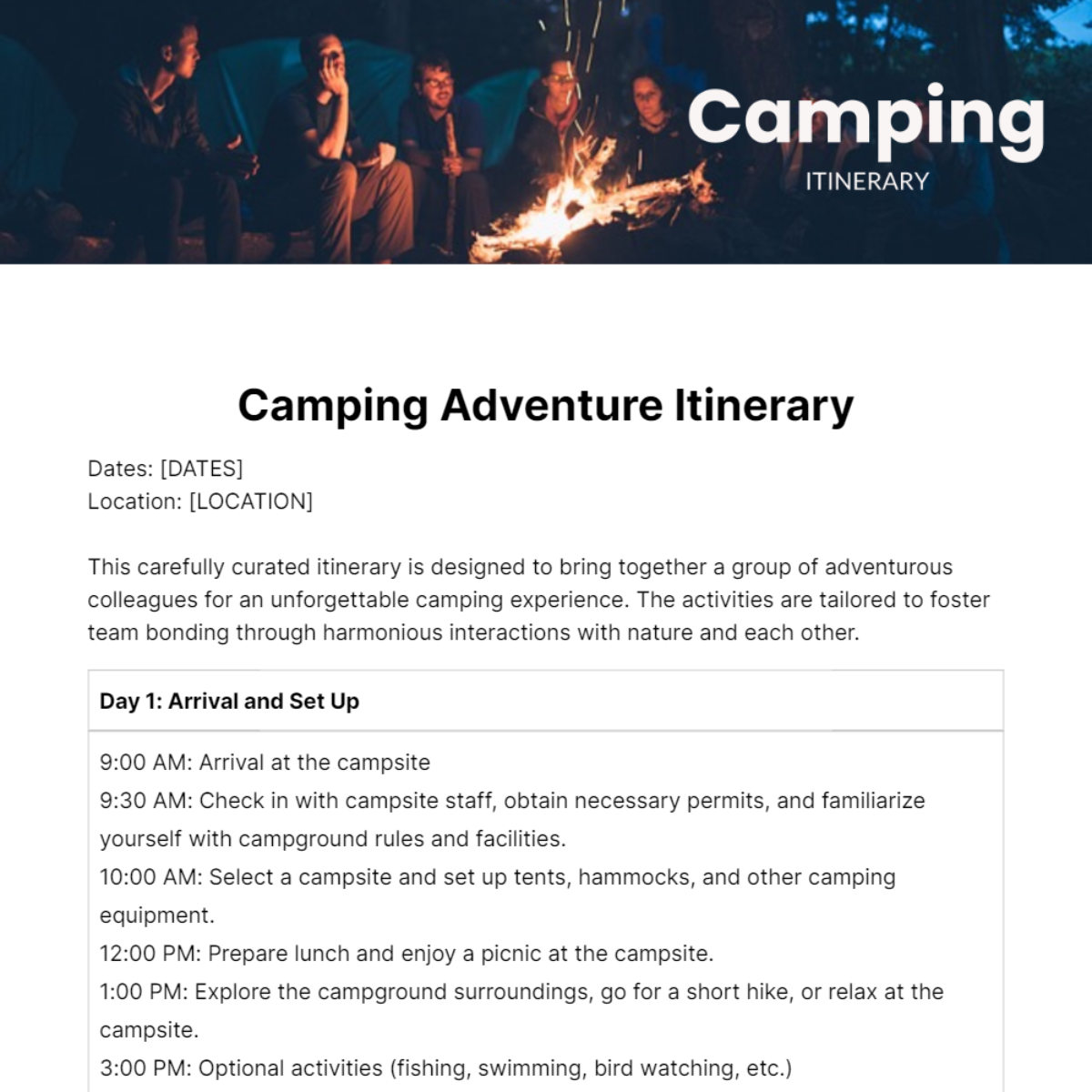 Camping Itinerary Template