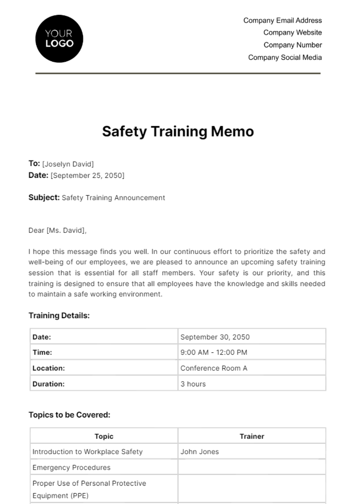 Free Safety Training Memo HR Template