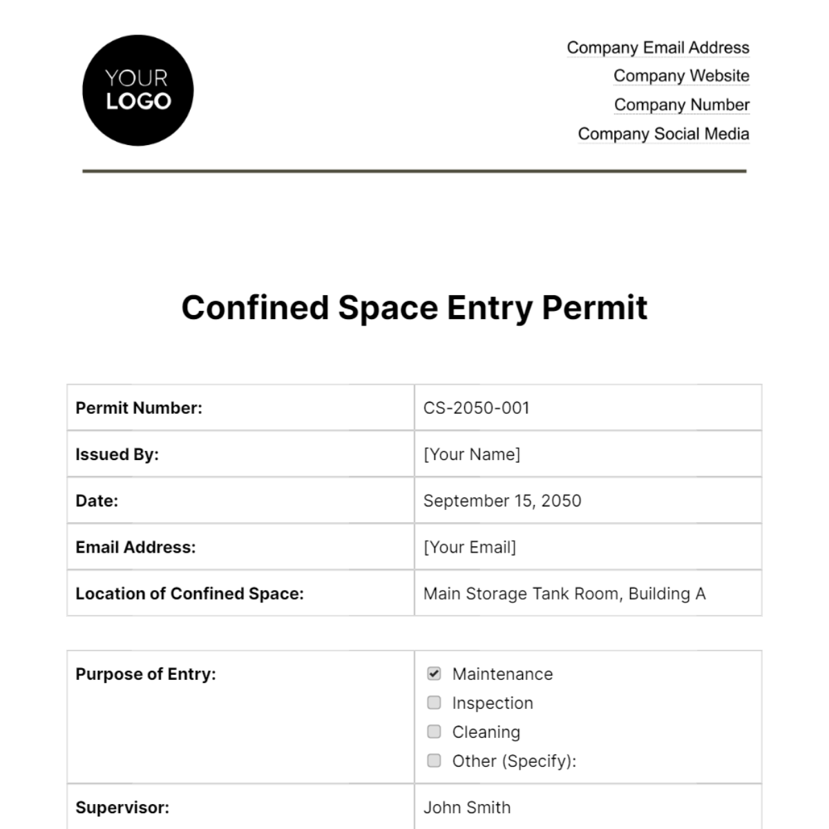 Confined Space Entry Permit HR Template