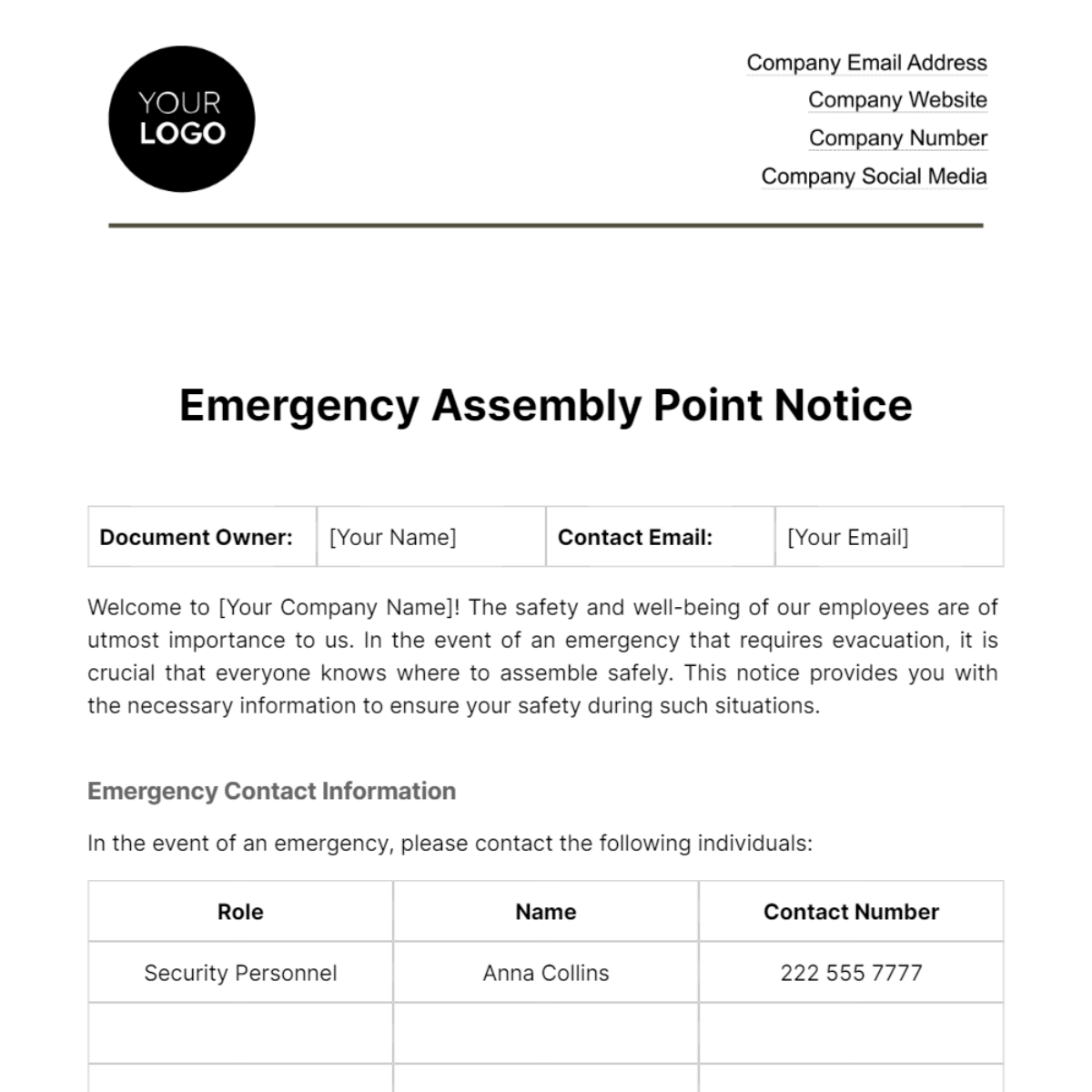 Emergency Assembly Point Notice HR Template - Edit Online & Download