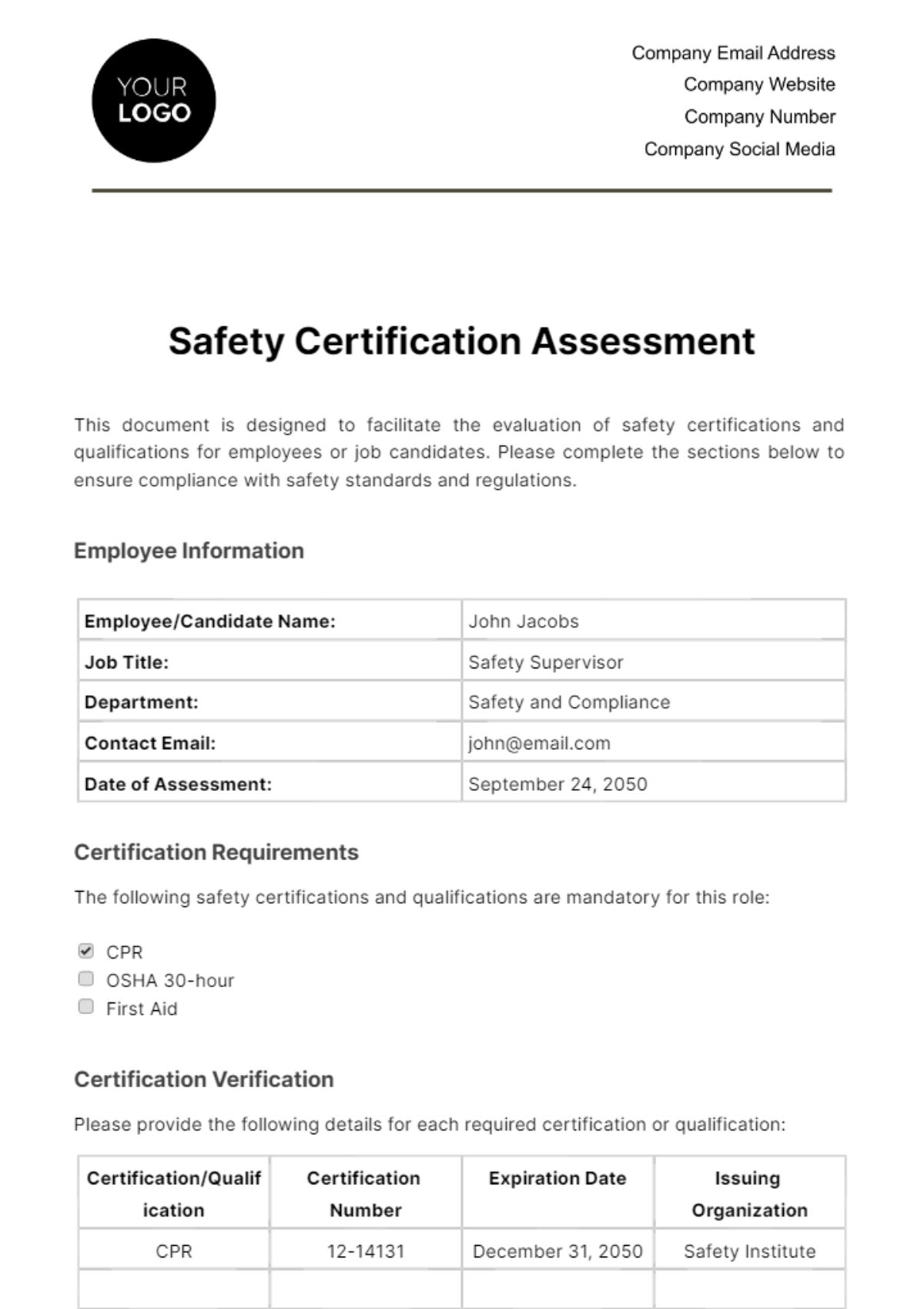 Free Safety Certification Assessment HR Template