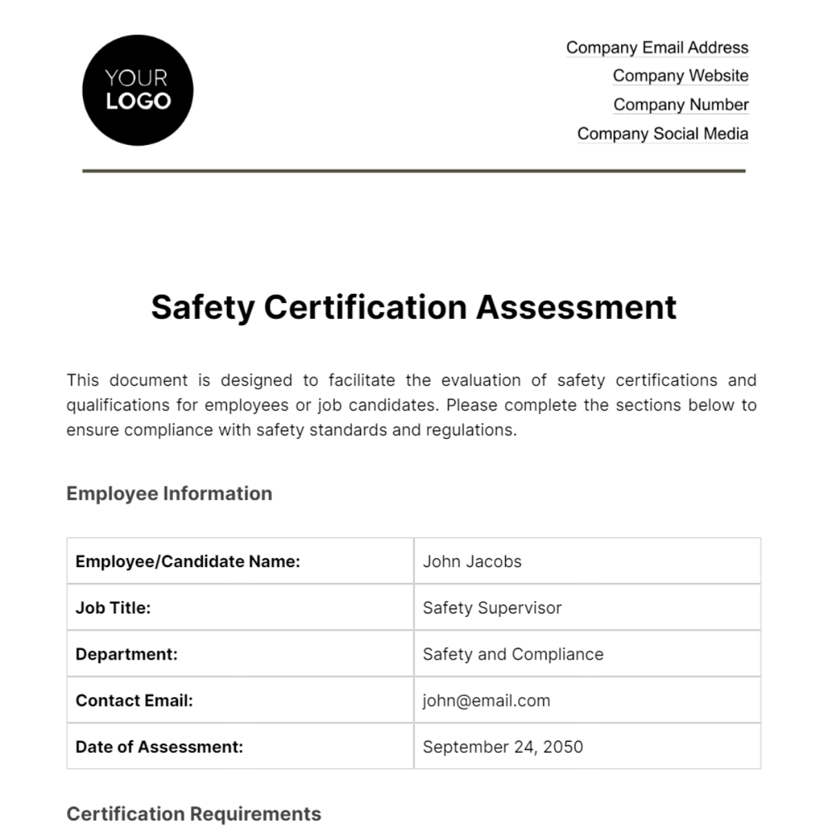 Safety Certification Assessment HR Template - Edit Online & Download