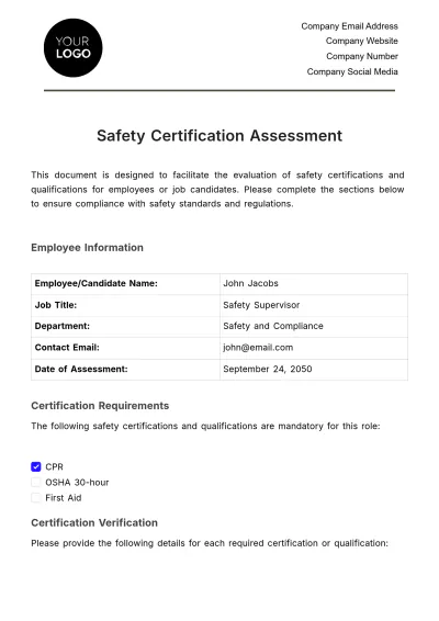 Free Safety Certification Assessment HR Template to Edit Online