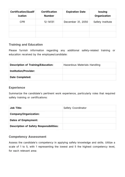 Free Safety Certification Assessment HR Template to Edit Online