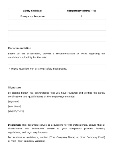 Free Safety Certification Assessment HR Template to Edit Online