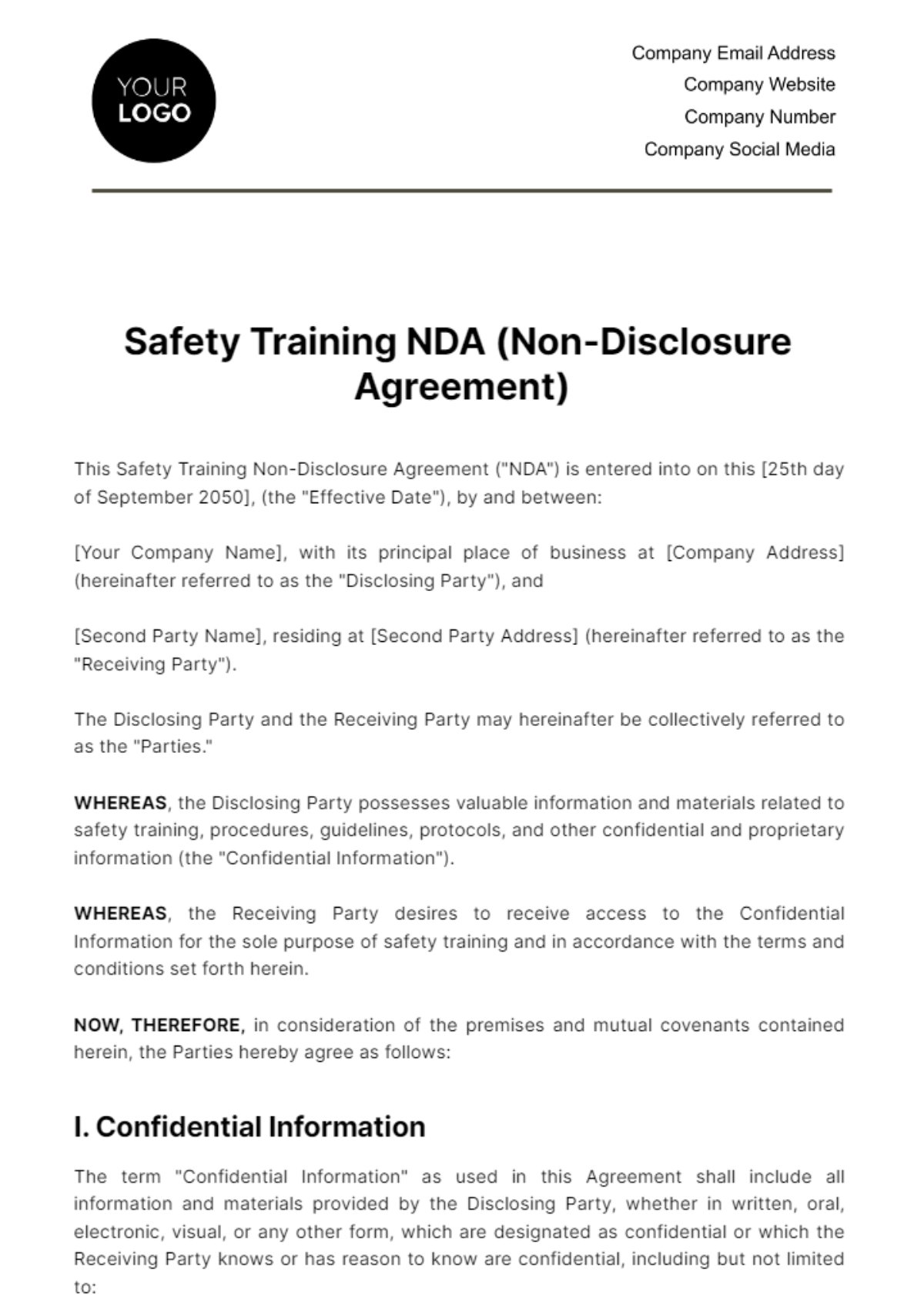 Free Safety Training NDA (Non-Disclosure Agreement) HR Template