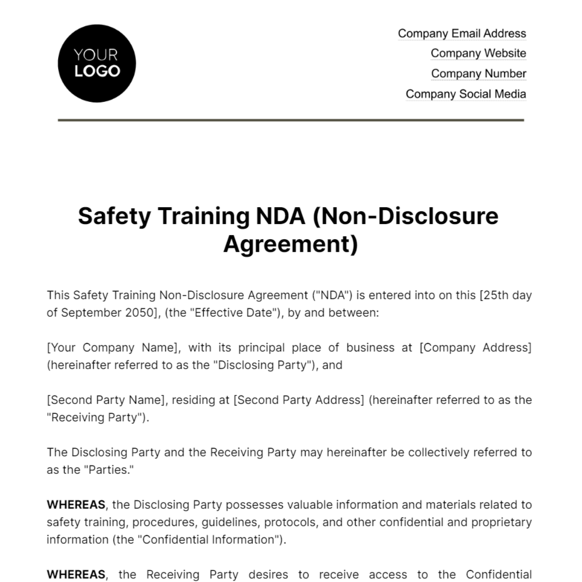 Safety Training NDA (Non-Disclosure Agreement) HR Template - Edit Online & Download