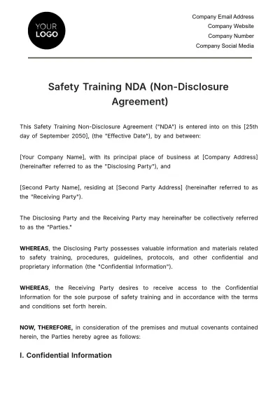 Free Safety Training NDA (Non-Disclosure Agreement) HR Template to Edit Online
