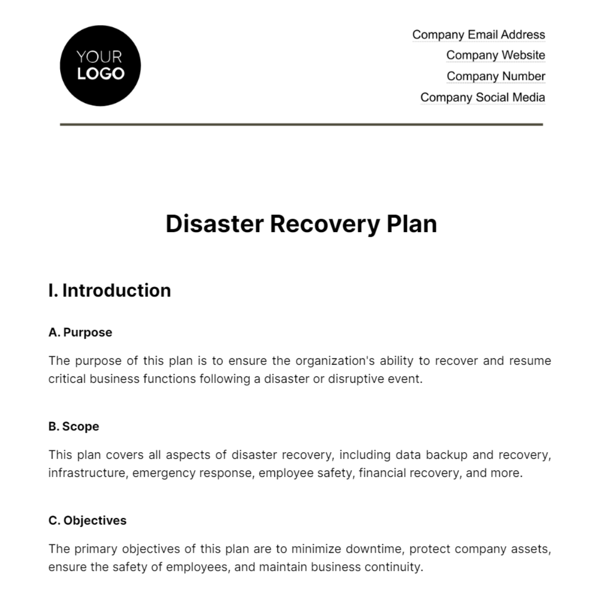Free Disaster Recovery Plan HR Template