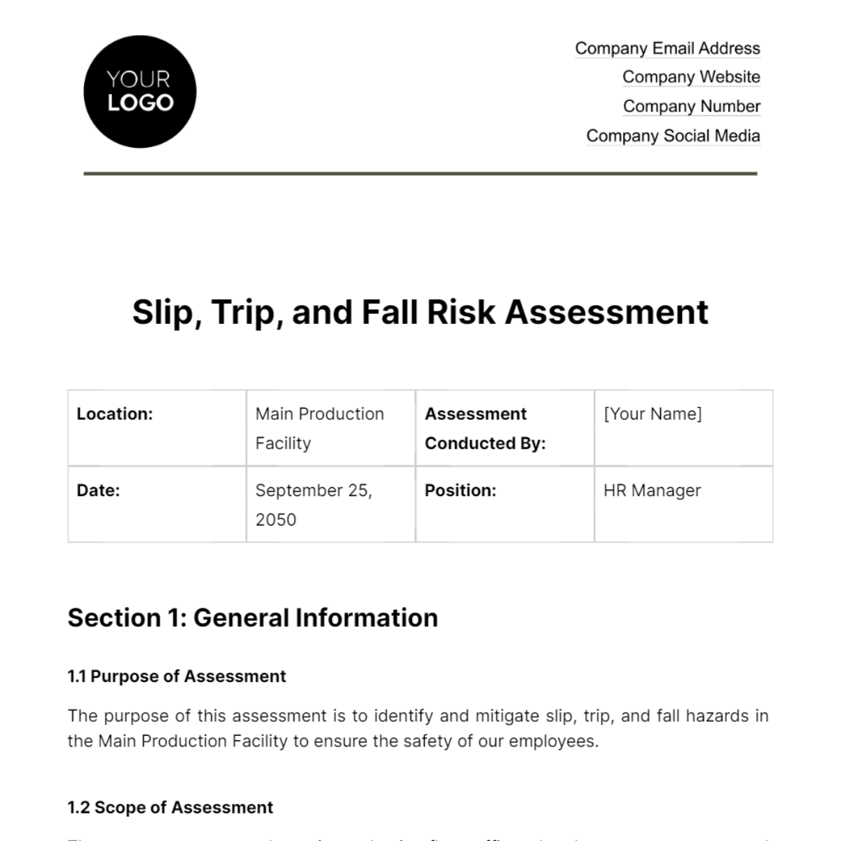 Free Slip, Trip, and Fall Risk Assessment HR Template