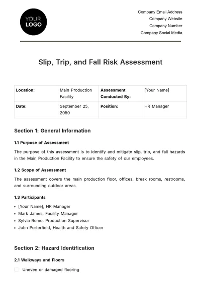 Free Slip, Trip, and Fall Risk Assessment HR Template to Edit Online