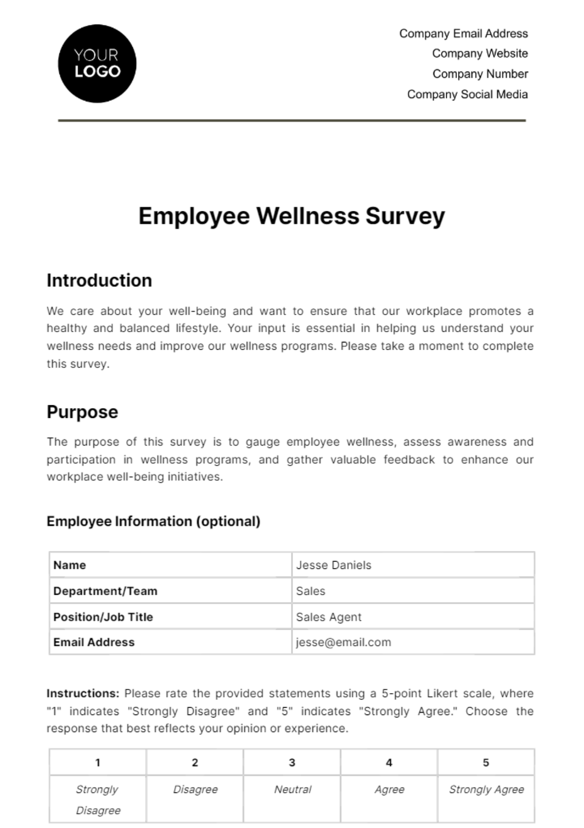 Employee Wellness Survey HR Template