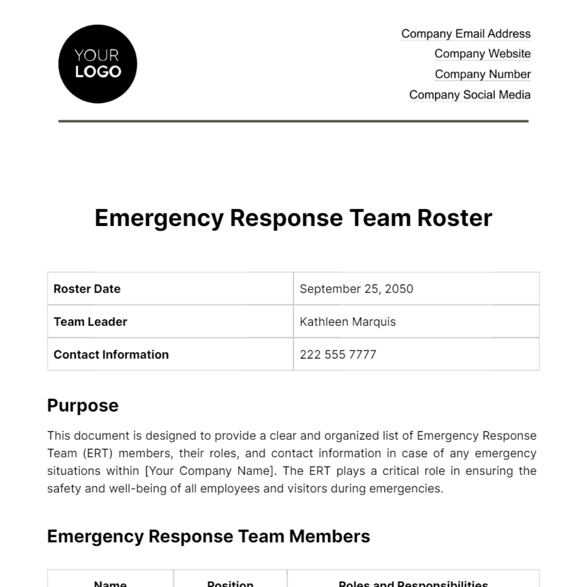 Emergency Response Team Roster HR Template - Edit Online & Download