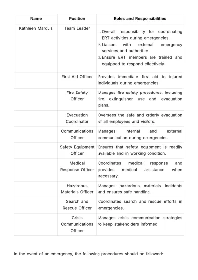 Free Emergency Response Team Roster HR Template to Edit Online