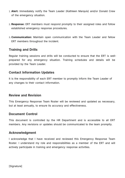 Free Emergency Response Team Roster HR Template to Edit Online